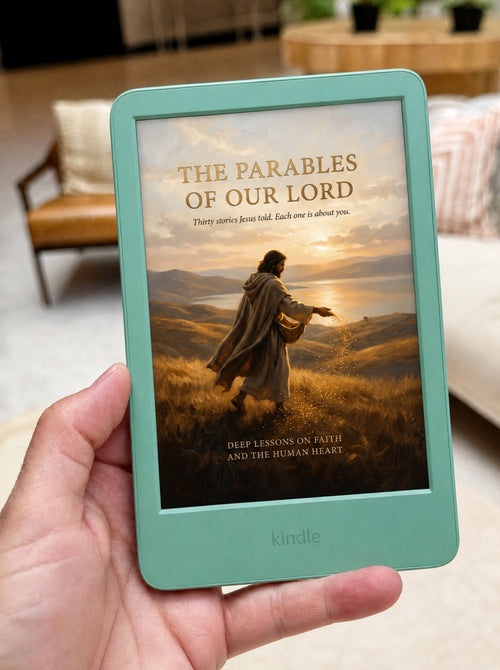 The Parables of Our Lord on a Kindle in a sunlit living room