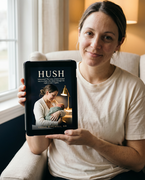 A mom holding HUSH on an e-reader
